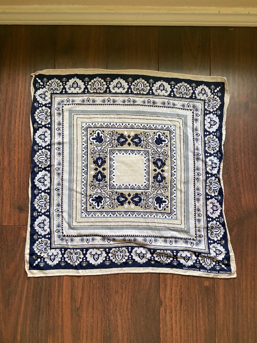 Cotton Square Bandana Scarf Boho Blue Cream